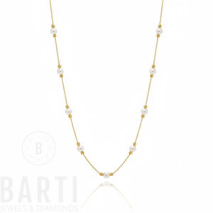 Halskette 585 Gold mit Süßwasserperlen und Dorika-Kugeln, 45 cm Länge, 3.80 g Gewicht, elegante Perlenkette von BARTI Jewels & Diamonds, weißer Hintergrund.