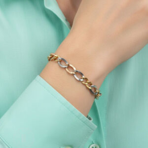 Tricolor Gliederarmband Gold 585 – elegantes Damenarmband aus 14 Karat Gelb-, Weiß- und Roségold, 20 cm Länge, 10 mm Breite, 5,70 g Gewicht, Schmuck von BARTI Jewels & Diamonds auf weißem Hintergrund.